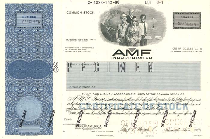 AMF Incorporated - American Machine and Foundry - Specimen Stock Certificate